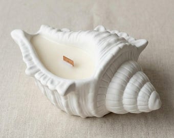 Coastal Shell Candle | Handmade Soy Wax Candle with Wood Wick | Beach House Decor | Minimal White Aesthetic | Housewarming Gift