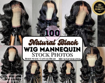 100 Natural Black Body Wave Wig Mannequin Head Images, Human Hair, Lace Front Wigs, Canvas Block Head, Ai Stock, Hair Extension Stock Photos