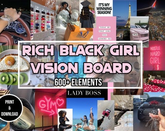 May include: A vision board with the text "Rich Black Girl Vision Board 600+ Elements Lady Boss" in pink and white text. The board is made up of various images, including a woman in a graduation cap, a woman in a car, a woman in a gym, a woman in a house, and a woman in a plane. The board also includes images of money, cars, and other luxury items.