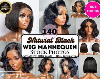 140 Natural Black Bob Wig Mannequin Head Images, Straight, Body Wave, Human Hair, Lace Front Wigs, Ai Beauty, Hair Extension Stock Photos
