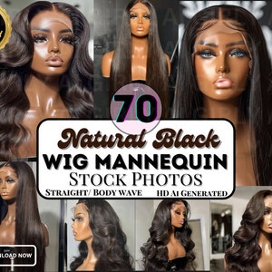 70 images de tête de mannequin de perruque noire naturelle, Droit, ondulation du corps, cheveux vierges, Perruques, Perruque devant lacet, Beauté IA, Extensions de cheveux