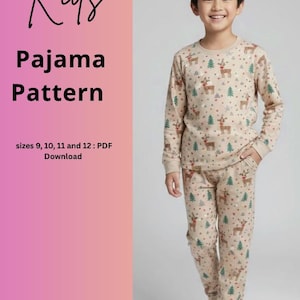 May include: A beige pajama set with a reindeer and Christmas tree pattern is worn by a child. The text "Kids Pajama Pattern" is displayed, along with size information. The background is a gradient of pink and white.