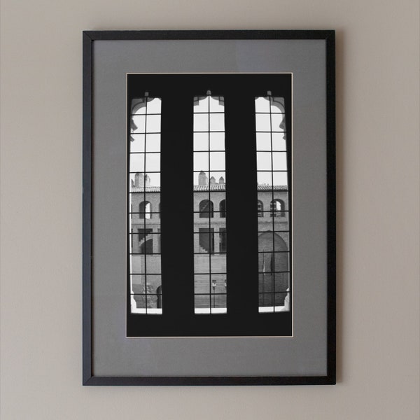 Black and white photo of window, black and white wall art, Monument and railings photo, Monochrome printable scene film, Window photo decor