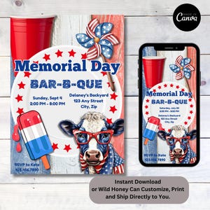 Memorial Day BBQ Bar-B-Que Summer Cookout Patriotic Cow Barbecue Customize Digital and Print Invitation Template Instant Download Edit Canva