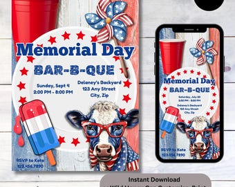 May include: Memorial Day Bar-B-Que invitation with patriotic red, white, and blue design. Features a cow wearing glasses and a patriotic bandana, a popsicle, and a red cup. Includes event details and RSVP information.