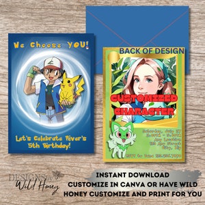 Carte à collectionner personnalisée avec personnage de dessin animé Pokémon et faire-part d'anniversaire 5 x 7 ans Impression numérique Invitation Evite à télécharger Personnaliser Canva