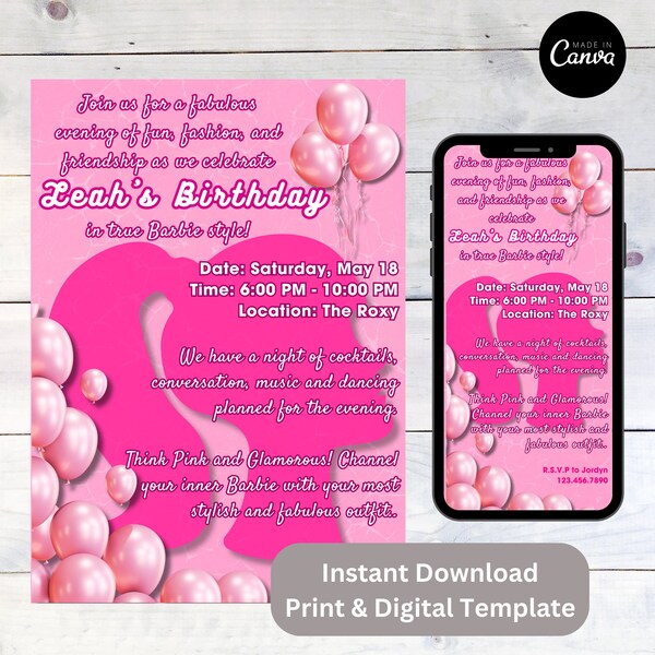 Barbie Inspired Birthday, Pink Invite, Ladies Party, Glamour, Print and Digital Invitation Template, Instant Download, Edit with Canva