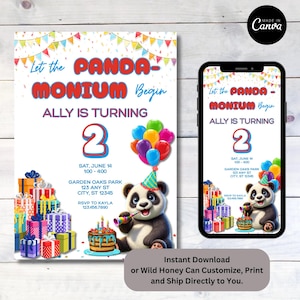 Panda Pandemonium Girls Boys Birthday Theme Party i zaproszenie urodzinowe 5x7 Zaproszenie do druku cyfrowego Pobierz Dostosuj w Canva