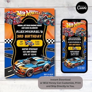 Hot Wheels Race Car Drive Boys Birthday Theme Party i zaproszenie na urodziny 5x7 Zaproszenie do druku cyfrowego Pobierz Dostosuj w Canva