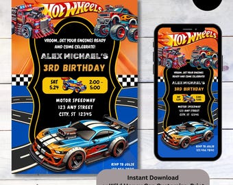 Hot Wheels Race Car Drive Boys Birthday Theme Party and 5x7 Birthday Invitation Digital Print Invitation Evite Download Customize in Canva