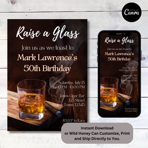 Cigar Whiskey Tasting Cuban Birthday 50th 60th 40th 30th, Men's Party Digital Print Invitation Template Instant Download Customize in Canva