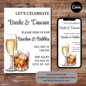 Custom Bourbon and Bubbles Couples Wedding Shower Invitation Liquor Bottles Digital Print Invitation Template Instant Download Edit in Canva