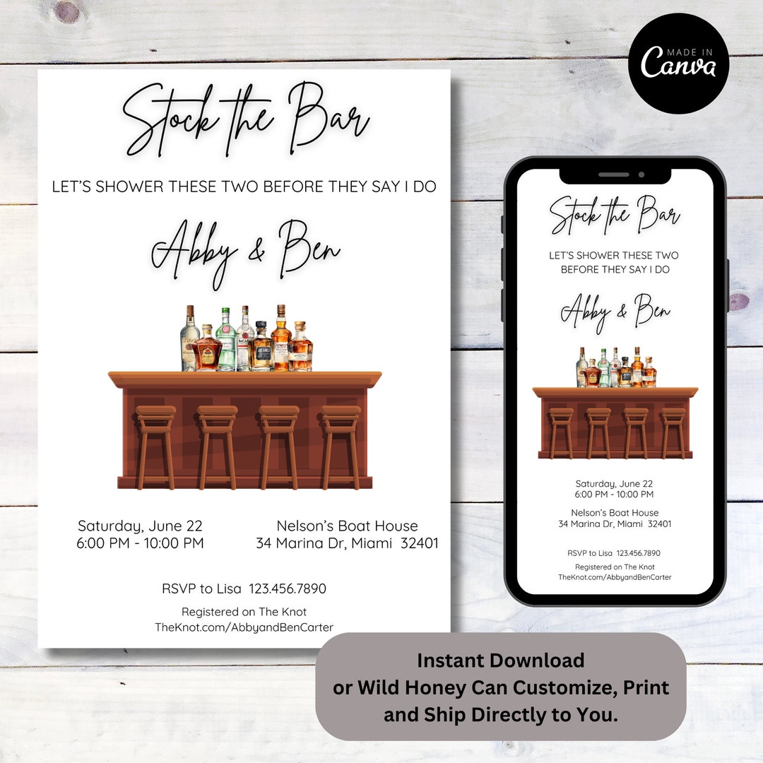 Custom Stock the Bar Couples Wedding Shower Invitation Liquor Bottles ...