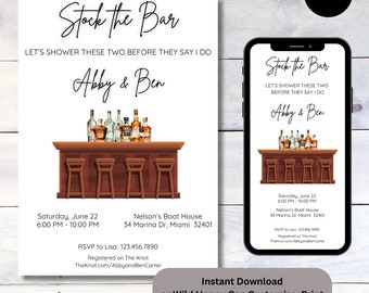 Könnte beinhalten: Eine druckbare Einladung zu einer "Stock the Bar"-Party für Abby und Ben. Die Einladung zeigt eine Cartoon-Illustration einer Bar mit Flaschen Alkohol und Barhockern. Der Text auf der Einladung lautet "Lasst uns diese beiden feiern, bevor sie Ja sagen." Die Einladung enthält auch das Datum, die Uhrzeit und den Ort der Party sowie die RSVP-Informationen.