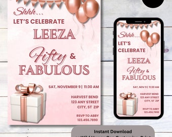 Puede incluir: Una invitación de cumpleaños rosa y oro rosa con el texto "Shhh... Celebremos Leeza Cincuenta & Fabulosa" y una caja de regalo con una cinta de oro rosa. La invitación incluye la fecha y la hora del evento, la dirección y la información de RSVP.
