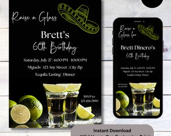 May include: Black and white invitation with a green sombrero and tequila shot glasses. The invitation reads "Raise a Glass for Brett's 60th Birthday" and includes details for the event, including the date, time, location, and RSVP information.
