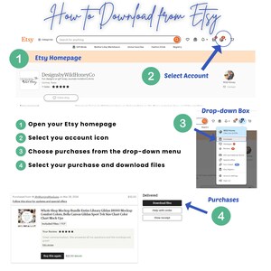 May include: A step-by-step guide on how to download digital purchases from Etsy. The guide shows the Etsy homepage, how to select your account, how to choose purchases from the drop-down menu, and how to select your purchase and download files.