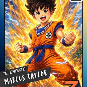 Könnte beinhalten: Einladungskarte mit einer Dragon Ball Z-Figur in einem orangefarbenen und blauen Outfit, mit einer Halskette und einem dynamischen Energiehintergrund. Die Karte lautet "CELEBRATE MARCUS TAYLOR" mit Veranstaltungsdetails.