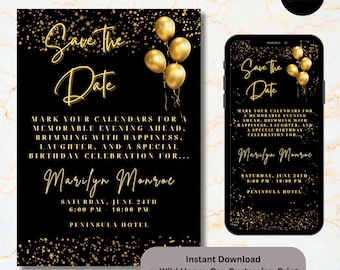 Puede incluir: Una tarjeta de guardar la fecha negra y dorada con estrellas doradas y globos. El texto dice "Save the Date" y "Marca tus calendarios para una noche memorable por delante, llena de felicidad, risas y una celebración de cumpleaños especial para... Marilyn Monroe. Sábado 24 de junio, 6:00 PM - 10:00 PM, Hotel Peninsula."