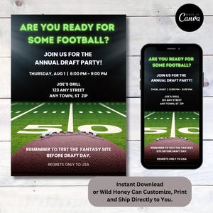 Plantilla de invitación digital e impresa personalizable para fiesta de cumpleaños del Draft de Fantasy Football 2025, descarga instantánea, edición en Canva.