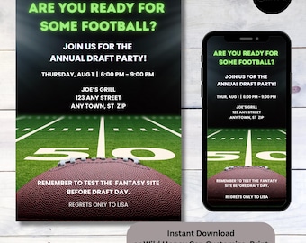 2025 Editable Fantasy Football Draft Party Birthday Customizable Digital and Print Invitation Template, Instant Download, Edit in Canva