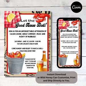 Könnte beinhalten: Eine rot-weiß karierte Einladung mit einem roten Hummer und einem Glas Bier. Der Text lautet "Let the Good Times Boil!" und enthält Details für eine Cajun-Party. Die Einladung ist so gestaltet, dass sie wie eine alte Zeitung aussieht.