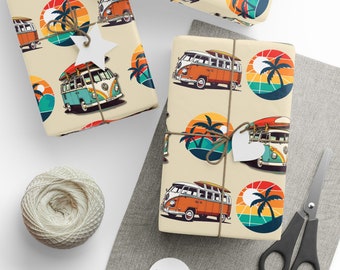 Papel de embrulho com tema de ônibus surfista retrô, papel de presente de praia, papel de presente de ônibus surfista descolado