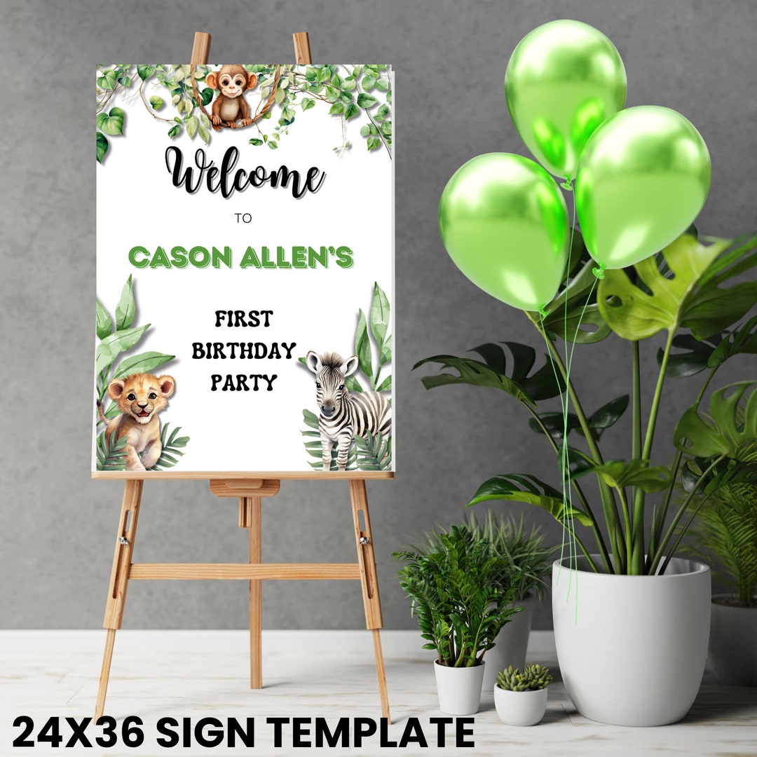 Wild One 1st First Birthday Welcome Sign Zoo Jungle Safari Animal 24 X ...