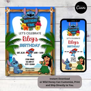 Stitch Lilo Cartoon Tropical Hawaii Luau Theme Hula Surfing Birthday Party Floral Digital Print Invitation Evite Pobierz Dostosuj Canva