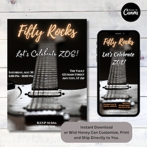 Fifty Rocks Leopard Guitar 40 60 70 Birthday, Party, Rock-n-Roll, Custom Digital Print Invitation Template Instant Download, Edit with Canva
