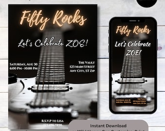 Fifty Rocks Leopard Guitar 40 60 70 Birthday, Party, Rock-n-Roll, Custom Digital Print Invitation Template Instant Download, Edit with Canva