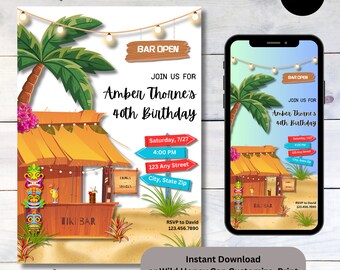 May include: A tropical-themed birthday invitation with a tiki bar, palm trees, and the text "Amber Thorne's 40th Birthday". The invitation includes details such as the date, time, and location of the event. It also includes an RSVP contact.