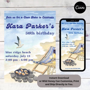May include: A digital invitation for a clam bake to celebrate Kara Parker's 50th birthday. The invitation features a watercolour illustration of a beach scene with a beach chair, a seagull, and a grill with clams. The text on the invitation reads "Join us for a Clam Bake to Celebrate Kara Parker's 50th birthday" and includes the date, time, and location of the event. The invitation also includes a phone number for RSVP.