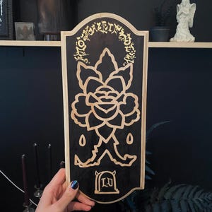 Traditional Rose Wood Plaque | Tattoo shop decor | Gothic Wall Plaque | Gothic Gallery Wall | Gold Accent Painting by LittleDemonStudio