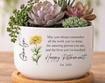 Personalized Retirement Gift, Custom Planter, Retirement Ceramic Pot, Happy Retirement Gift (VM-DN32P13)