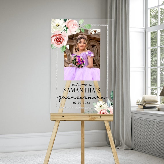 Quinceañera Welcome Sign, Quinceañera Sign Entrance Decorations, Quinceañera Sign Photo, Welcome Quinceañera Acrylic Sign (VM-OIASD)