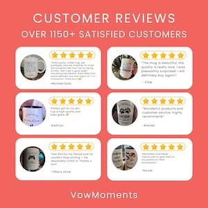 May include: Image showcasing customer reviews for mugs. The reviews are displayed on a red background with white text. The mugs have various designs and text, including "Sister," "Grandma," and "Fianc&eacute;." The reviews highlight product quality and customer satisfaction.