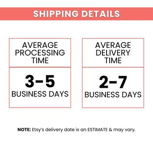 May include: A graphic with the text "SHIPPING DETAILS" in a red banner. Below are two sections: "AVERAGE PROCESSING TIME" with "3-5 BUSINESS DAYS" and "AVERAGE DELIVERY TIME" with "2-7 BUSINESS DAYS".