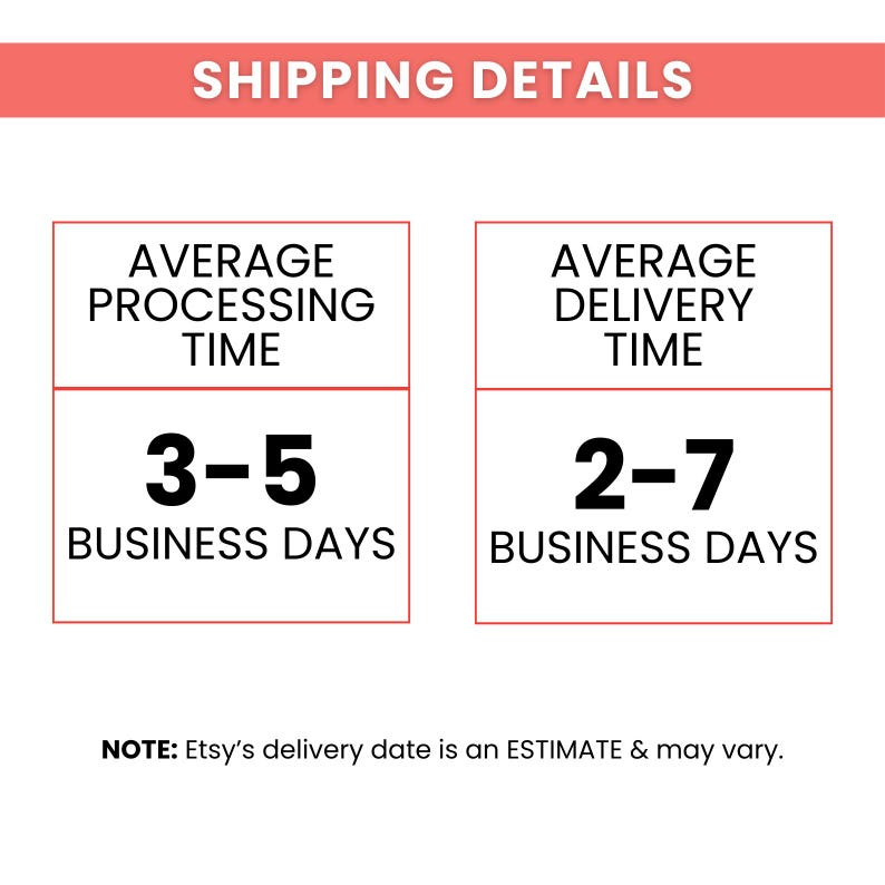 May include: A graphic with the text "SHIPPING DETAILS" in a red banner. Below are two sections: "AVERAGE PROCESSING TIME" with "3-5 BUSINESS DAYS" and "AVERAGE DELIVERY TIME" with "2-7 BUSINESS DAYS".