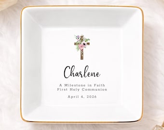 First Holy Communion Gift, Custom Ring Dish Communion, Personalized Religious Jewelry Tray (VM-DNQW37)