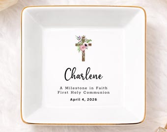First Holy Communion Gift, Custom Ring Dish Communion, Personalized Religious Jewelry Tray (VM-DNQW37)