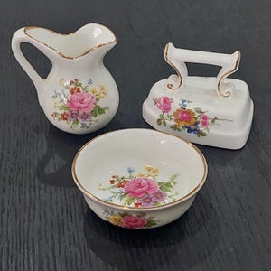Vintage 1960&#39;s Ashleydale Fine Bone China Miniatures, Jug, Bowl and Iron, Made in England