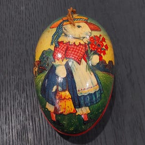 Vintage Paper Mache Easter Egg Bunny Shopping with Flowers