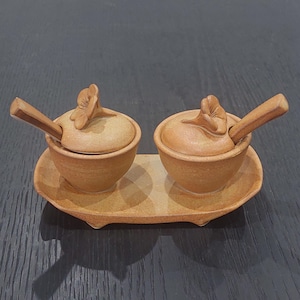Vintage Pottery Condiment Bowls with Spoons