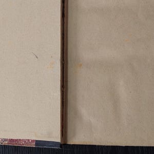 May include: Open book with light tan pages and a dark brown spine. The pages are slightly aged with some discoloration. The book is open, revealing the inner pages and the binding.