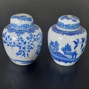 May include: Two white and blue ceramic ginger jars with lids. One jar features a floral design, while the other depicts a landscape scene with birds. Both jars have a rounded shape and are decorated with intricate blue patterns.