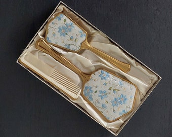 Vanity Set/Dresser Set 3pce, Brush, Mirror and Comb, Blue Brocade, vintage 1950's, Made in England.