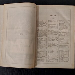 May include: Open book with an index page and a page with text. The index page has the word "INDEX" at the top. The text pages have columns of small text. The book is old with yellowed pages.