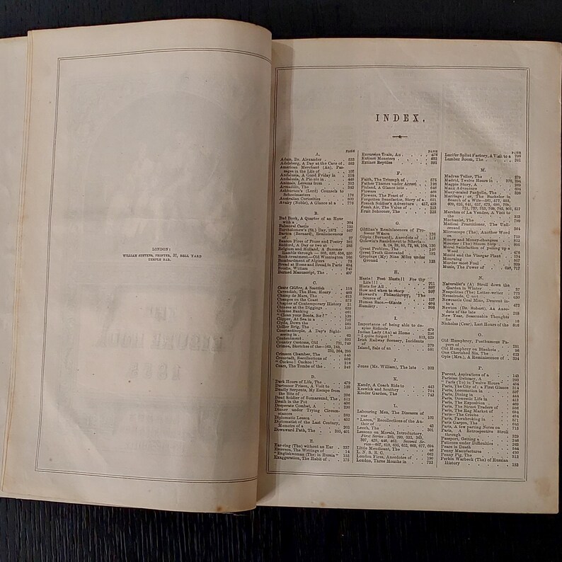May include: Open book with an index page and a page with text. The index page has the word "INDEX" at the top. The text pages have columns of small text. The book is old with yellowed pages.