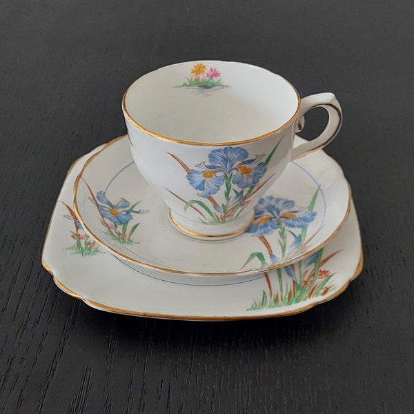 Tuscan Fine English Bone China "Blue Iris" Trio, made in England, Cup, Saucer, Side Plate,Vintage  1950's